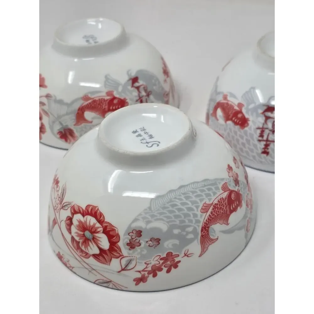 SF Marked glazed Porcelain Bowls with Red Floral&Fish Motif Japanese Set of 3